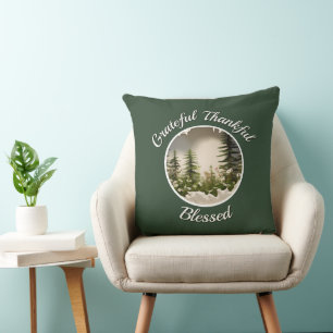 "Grateful, Thankful, Blessed" Dark Green Throw Pillow