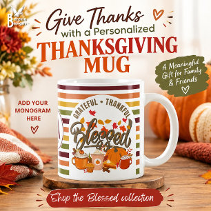 Grateful Thankful BLESSED Fall Stripes Monogram Coffee Mug