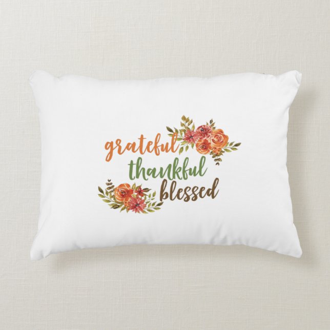 Grateful, Thankful, Blessed Floral Typography Accent Pillow (Front)