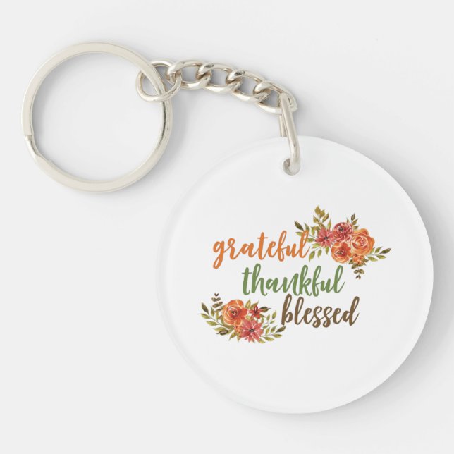 Grateful, Thankful, Blessed Floral Typography Keychain (Front)