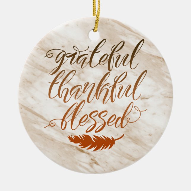 Grateful Thankful Blessed Modern Marble Feather Ceramic Ornament (Front)