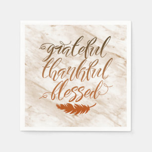 Grateful Thankful Blessed Modern Marble Feather Napkin