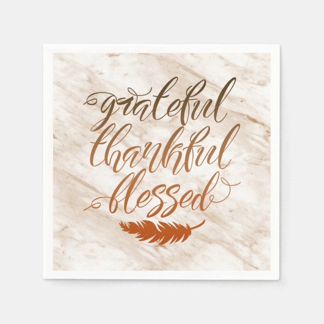 Grateful Thankful Blessed Modern Marble Feather Napkin (Front)