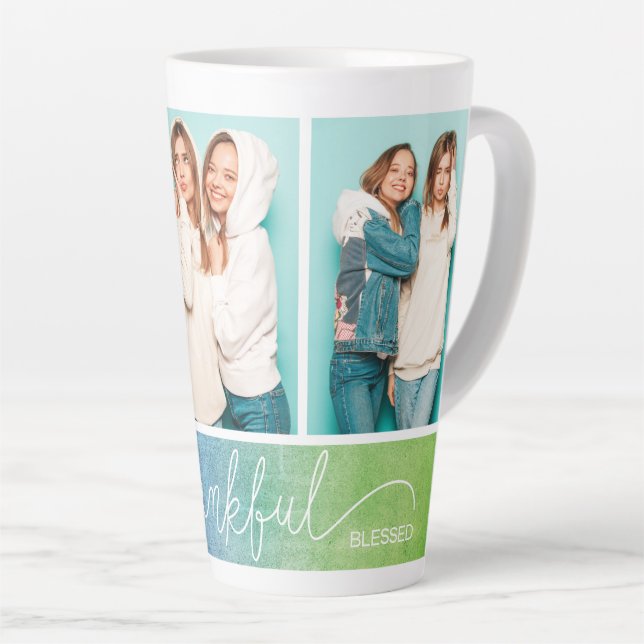 Grateful Thankful Blessed Modern Three Photo Latte Mug (Right Angle)
