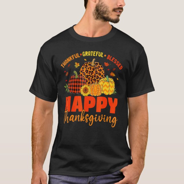 Grateful Thankful Blessed Plaid Leopard Pumpkin Th T-Shirt (Front)