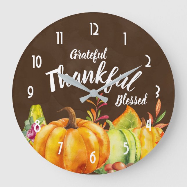 Grateful Thankful Blessed Pumpkins in Watercolor Large Clock (Front)