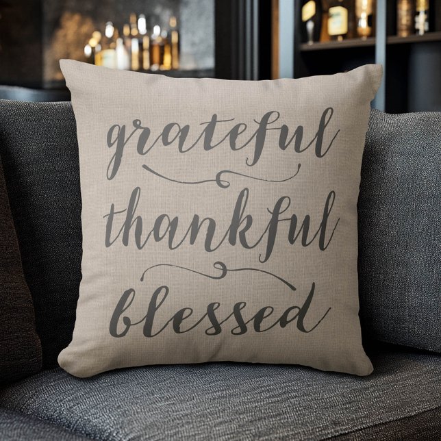 Grateful Thankful Blessed Rustic Script - chevrons Throw Pillow (Grateful Thankful Blessed Pillow)