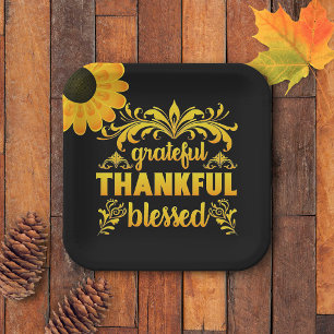 Grateful, Thankful, Blessed Sunflower Paper Plate