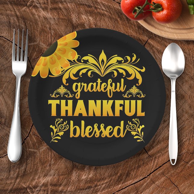 Grateful, Thankful, Blessed Sunflower Paper Plate (Creator Uploaded)