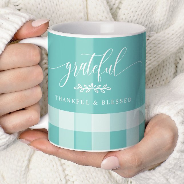 Grateful Thankful Blessed Teal & White Plaid Coffee Mug (Creator Uploaded)