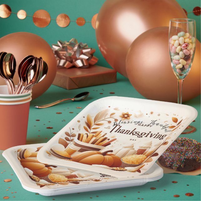 Grateful Thankful Festive Thanksgiving 9 Inch Paper Plate (Multi)