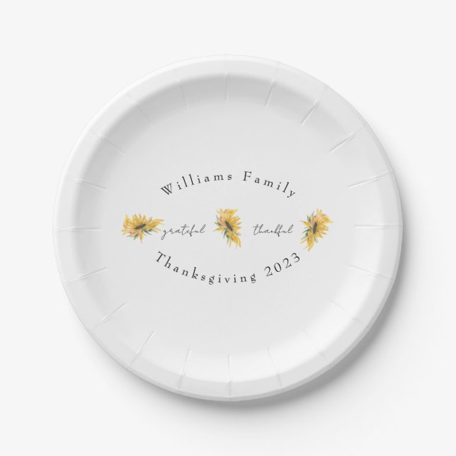 Grateful Thankful Sunflower Custom Thanksgiving Paper Plate (Front)