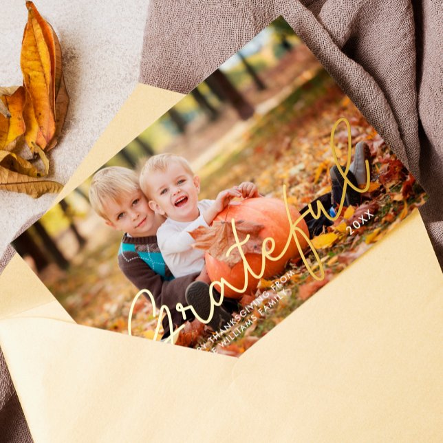 "Grateful" Thanksgiving Family Photo Foil Holiday Card (Creator Uploaded)