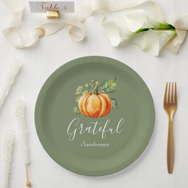 Grateful Thanksgiving Orange Pumpkin Personalized Paper Plate (Wedding)