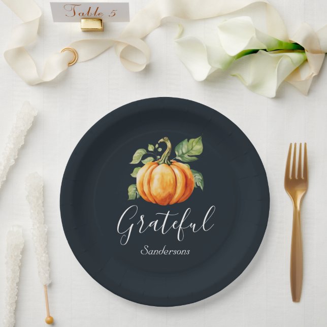 Grateful Thanksgiving Pumpkin Personalized Paper Plate (Wedding)