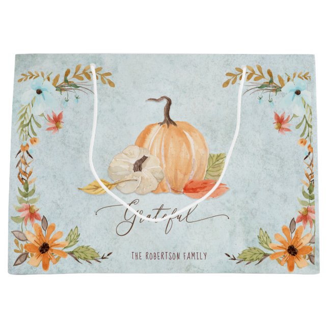 Grateful Thanksgiving Pumpkins Fall Floral Autumn Large Gift Bag (Front)