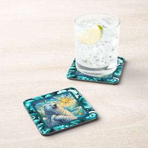 Grateful Whimsical Polar Bear Faux Stained Glass Coaster