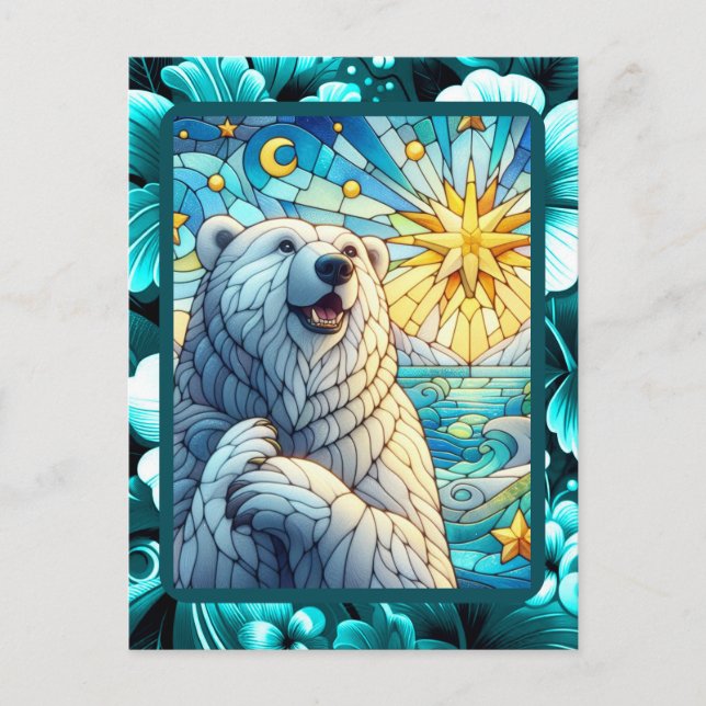 Grateful Whimsical Polar Bear Faux Stained Glass Postcard (Front)