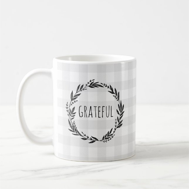 Grateful Wreath Grey Check Pattern Coffee Mug (Left)