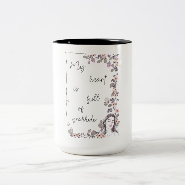 Gratitude Affirmation. Floral Positive Mindset Two-Tone Coffee Mug (Center)