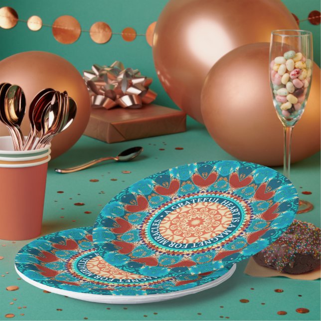 Gratitude Aqua Teal Mandala Customizable Quote Paper Plate (Multi)