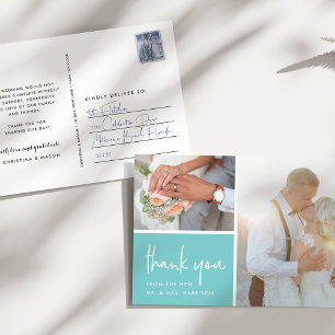 Gratitude in Aqua   Wedding Photo Thank You Postcard
