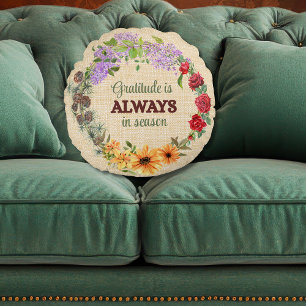 Gratitude in Every Season Floral Wreath Round Pillow