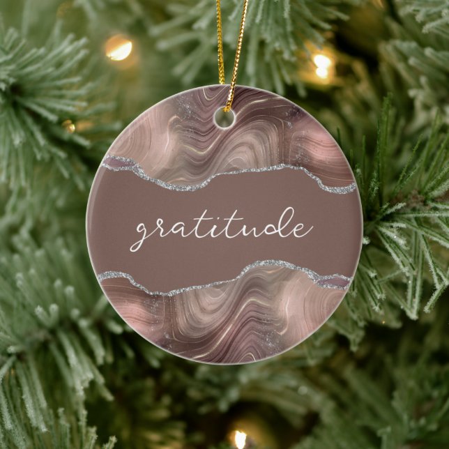 Gratitude Inspirational Word Taupe Silver Agate Ceramic Ornament (Tree)