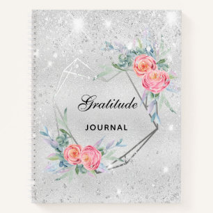 Gratitude journal silver pink florals glitter dust