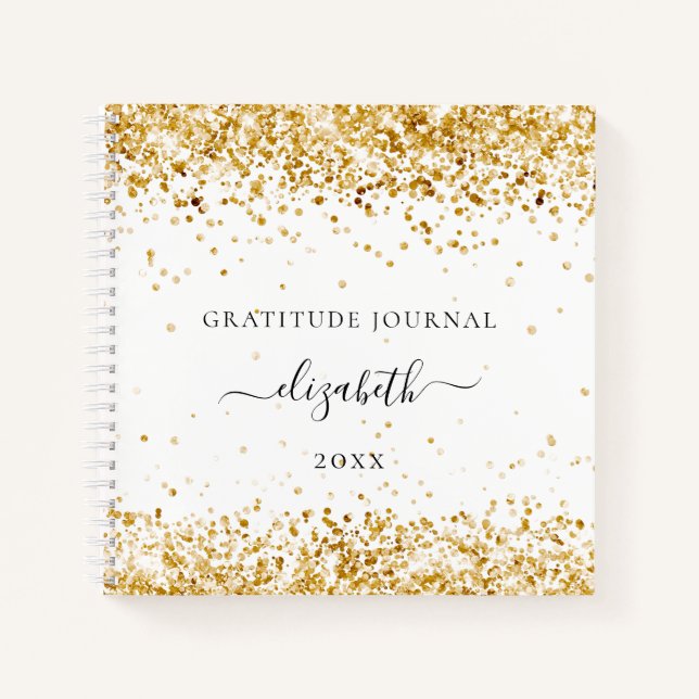 Gratitude journal white gold glitter confetti name (Front)