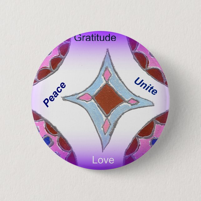 "Gratitude Peace Love Unite" Mandala Art Print 2 Inch Round Button (Front)