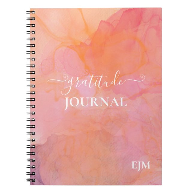 Gratitude Pink Orange Monogrammed Watercolor Notebook (Front)