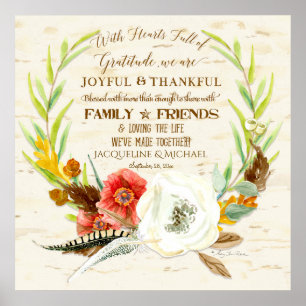 Gratitude Wedding Boho Bohemian Wreath Floral Fall Poster