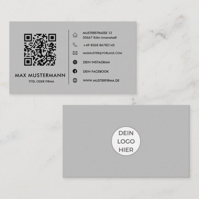 Graue QR Code Visitenkarte Selbst Gestalten Business Card (Front/Back)