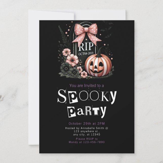 Grave Flowers Black Modern Minimalist Halloween Invitation (Front)