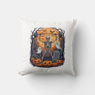 Grave Yard Gains Skeleton Lifting Barbell Hallowee Throw Pillow