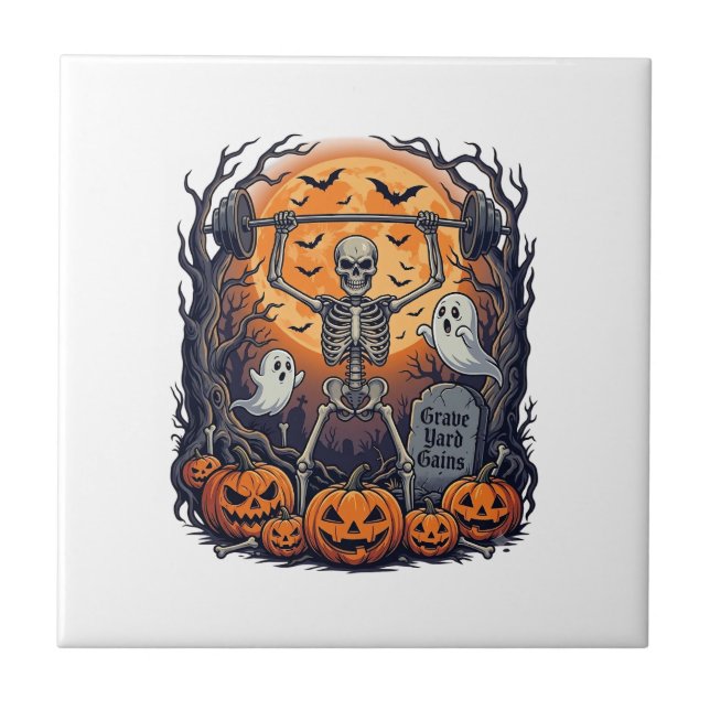 Grave Yard Gains Skeleton Lifting Barbell Hallowee Tile (Front)