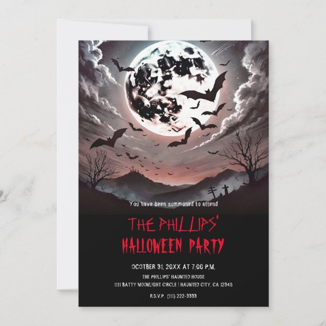 Graveyard Bats in the Moonlight Halloween Party Invitation (Front)