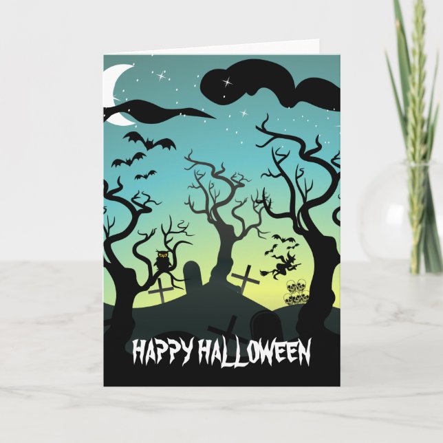 Graveyard black, aqua, yellow Halloween Card (Front)