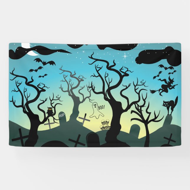 Graveyard black, aqua, yellow Halloween custom Banner (Horizontal)