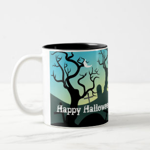 Graveyard black, aqua, yellow Halloween custom Two-Tone Coffee Mug