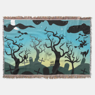 Graveyard black, aqua, yellow Halloween Throw Blanket