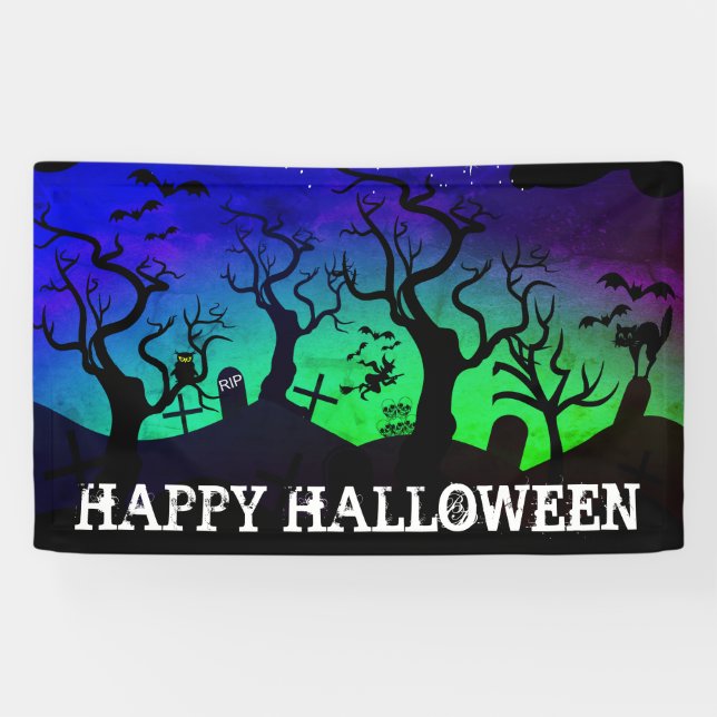 Graveyard black, blue and green Halloween Banner (Horizontal)