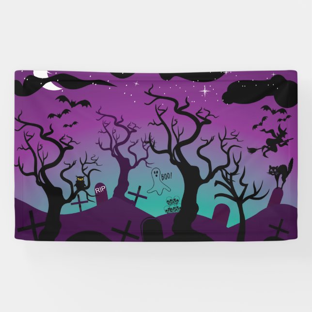 Graveyard black, purple, turquoise Halloween Banner (Horizontal)