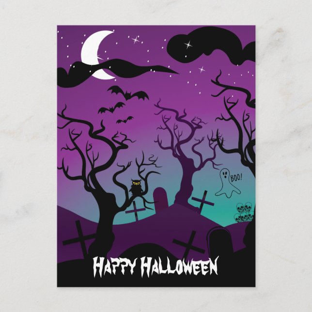Graveyard black, purple, turquoise Halloween Postcard (Front)