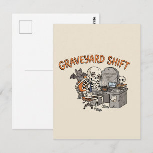 Graveyard Shift Office Skeleton Funny Halloween Postcard