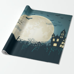 Graveyard with pumpkins, bats, dead tree, moon wrapping paper