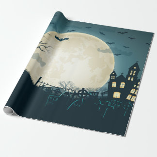 Graveyard with pumpkins, bats, dead tree, moon wrapping paper