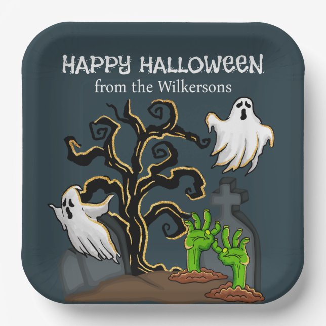 Graveyard Zombie and Ghosts Cute Halloween Party Paper Plate (Front)