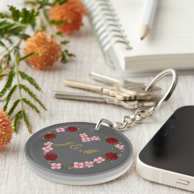 Gray acrylic keychain with rose heart and rou (Front Right)